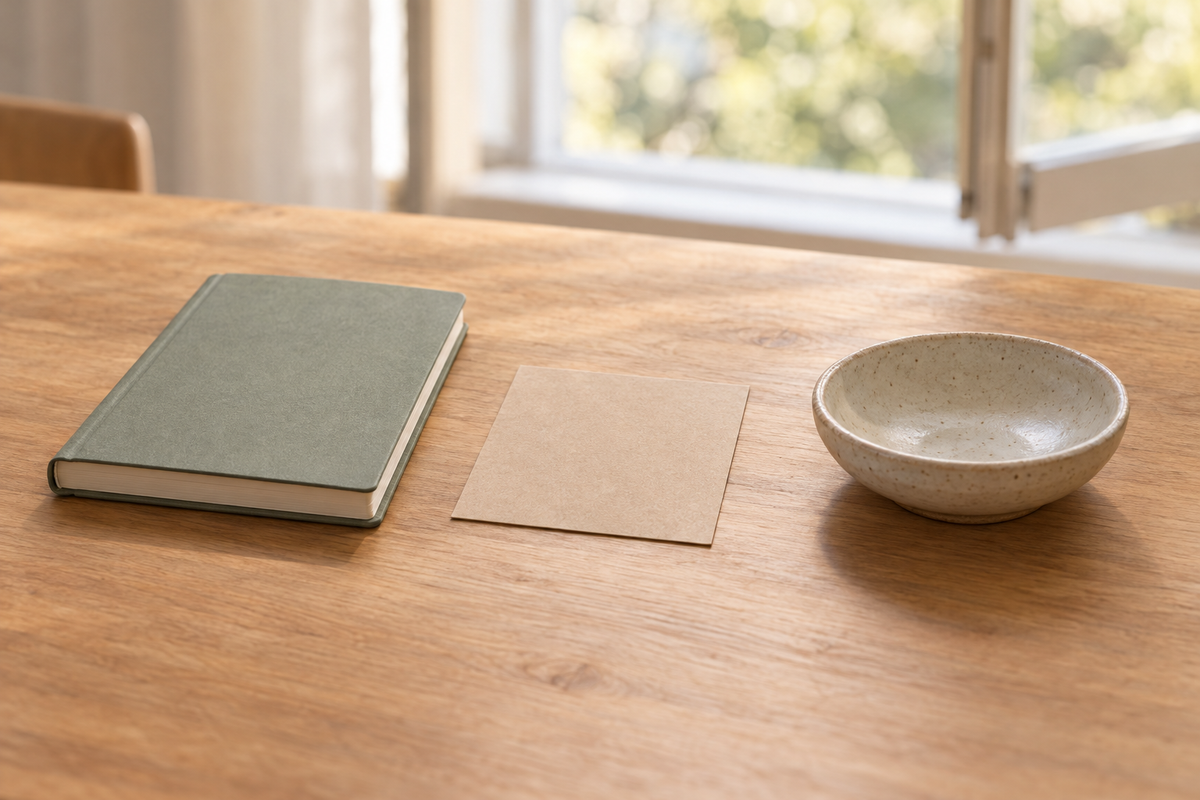 Notebook, blank card and empty ceramic dish on a sunlit table beside an open window