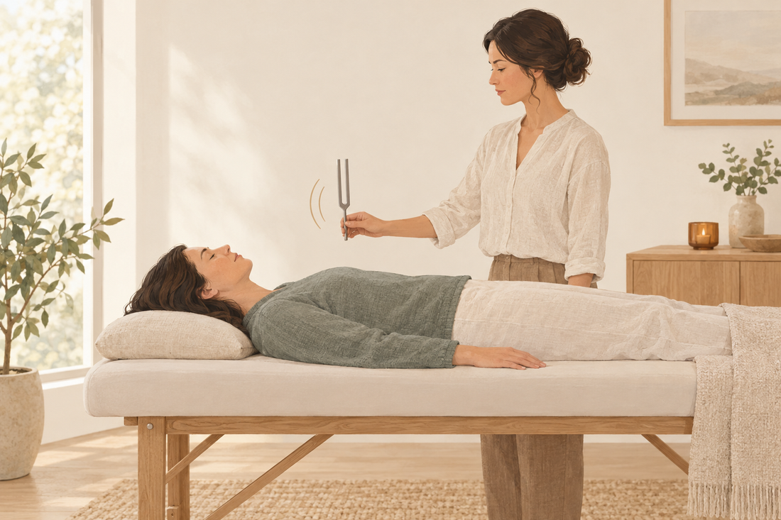 Illustration of a practitioner holding an unweighted tuning fork near a fully clothed client on a treatment table.