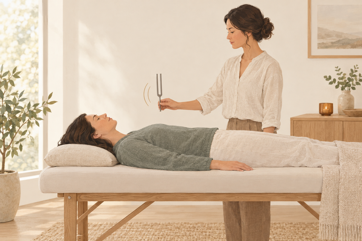 Illustration of a practitioner holding an unweighted tuning fork near a fully clothed client on a treatment table.