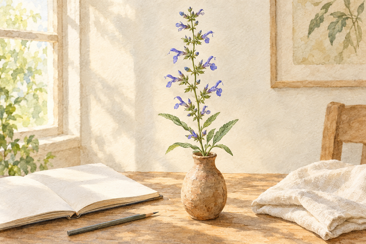 Editorial watercolor of flowering sage in a clay vase beside a notebook and pencil. Botanical identity is not verified by this illustration.