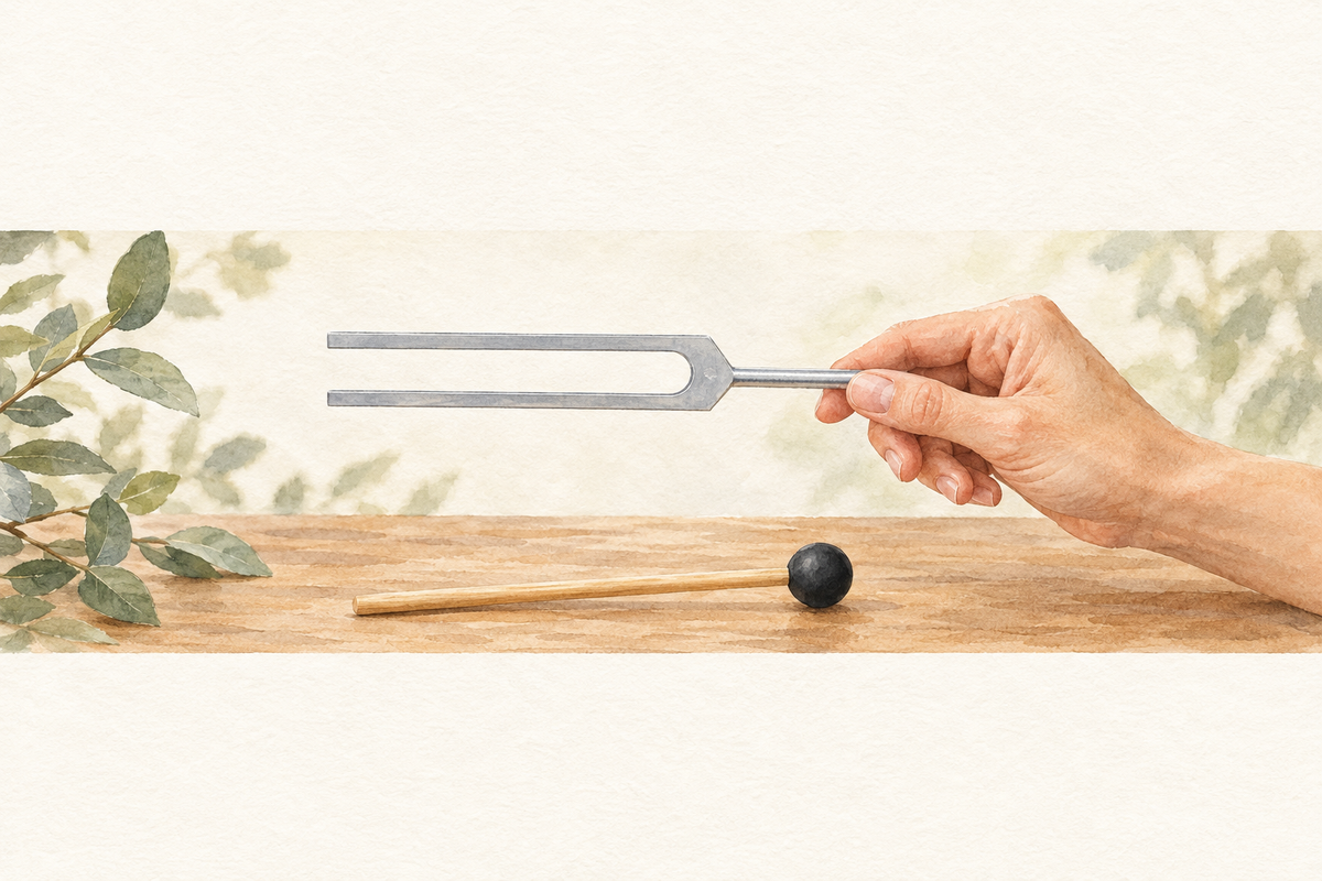 Watercolor illustration of a hand holding an unweighted tuning fork horizontally by its stem, with a mallet resting on the table below.