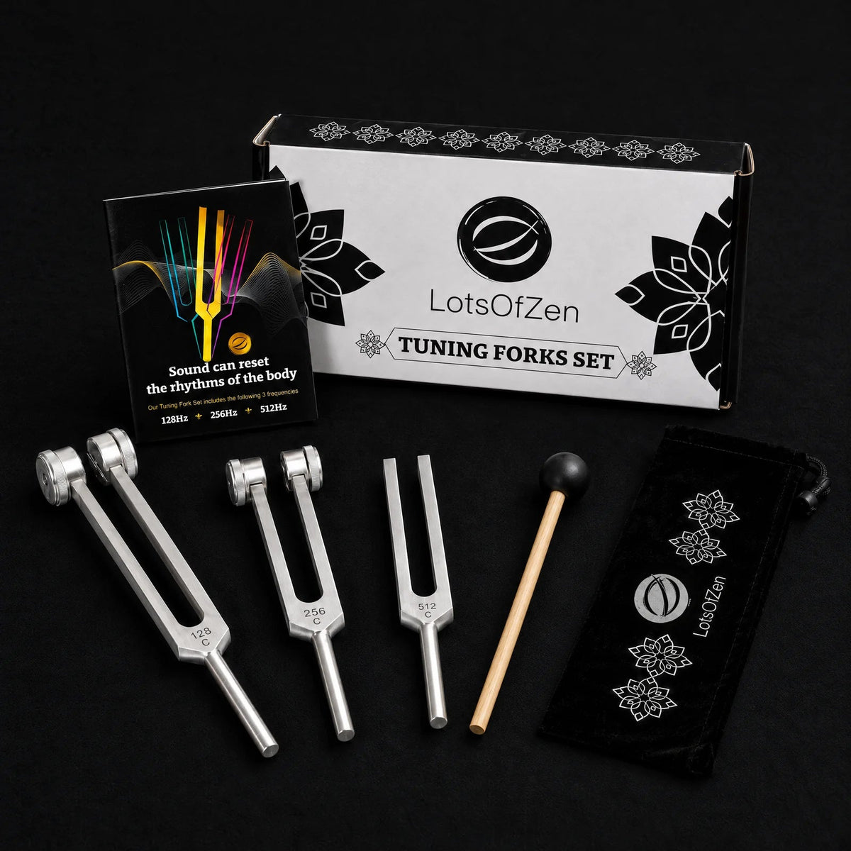 LotsOfZen wooden-mallet set with three silver forks, old-cover guide, box, mallet, and one representative velvet pouch