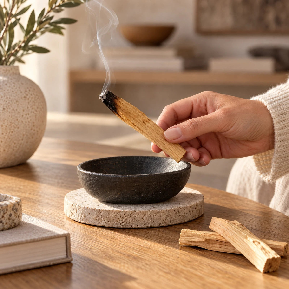An adult hand holds a smoldering Palo Santo stick above a ceramic bowl in soft daylight.