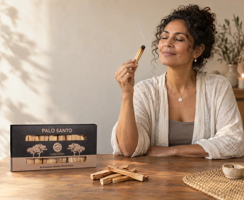 LotsOfZen Palo Santo set in a warm home ritual scene.