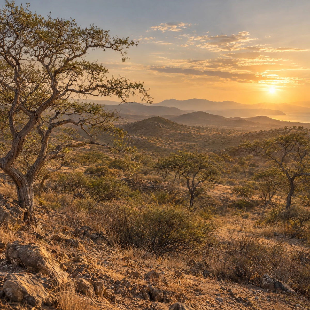 Illustrated dry-forest landscape inspired by northern Peru