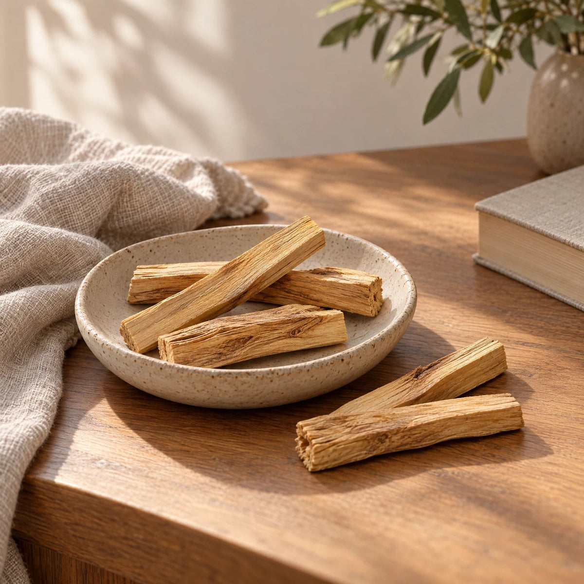 Palo Santo sticks in a ceramic dish on a softly lit oak table