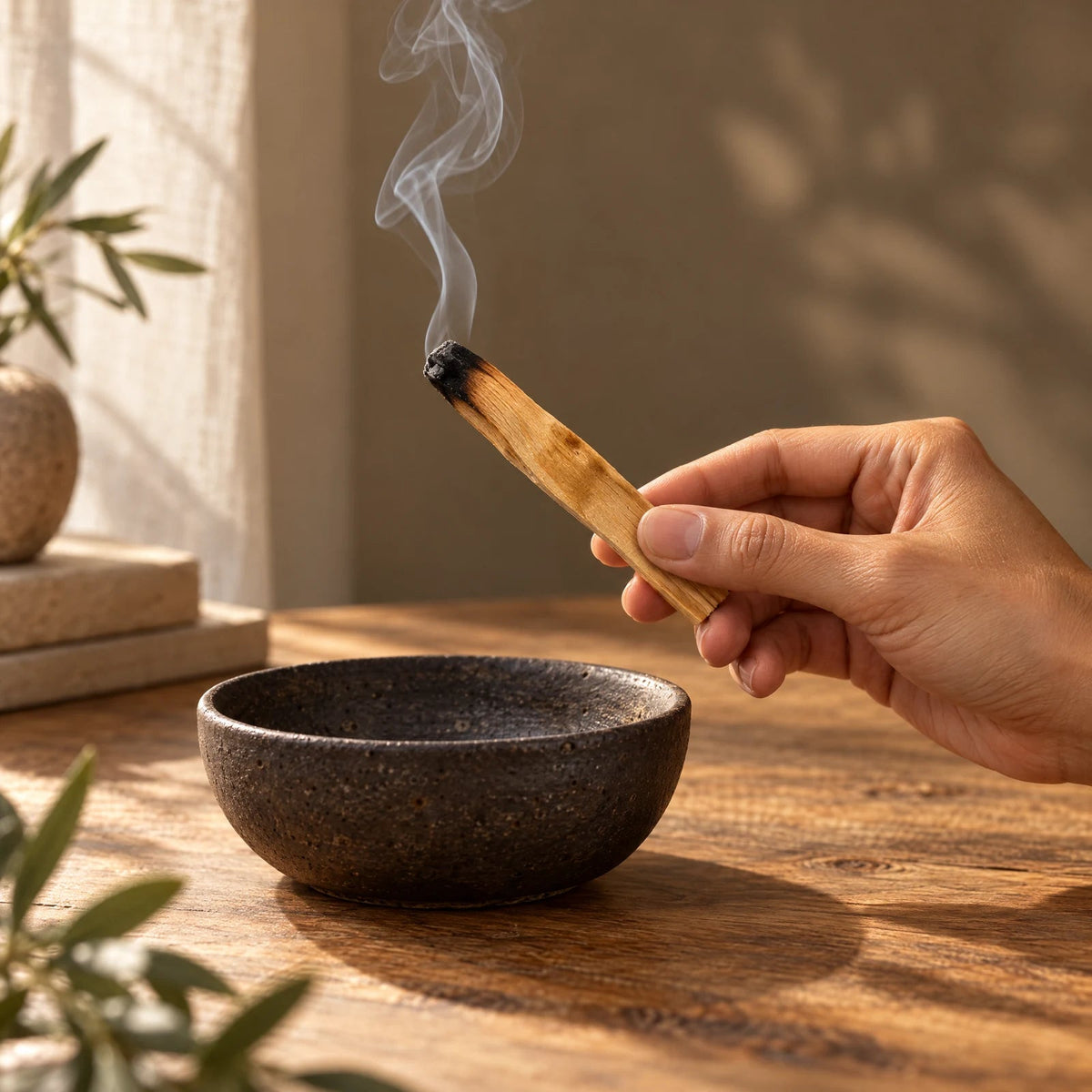 Styled scene of a hand holding a gently smoldering Palo Santo stick above a ceramic bowl, with no open flame