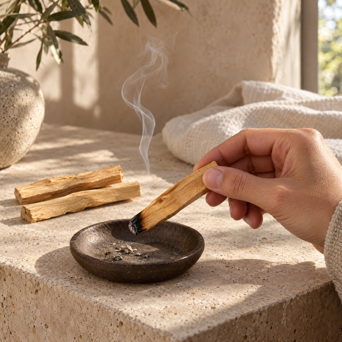 A hand holding a smoldering Palo Santo wood stick over a dark ceramic dish on pale stone.