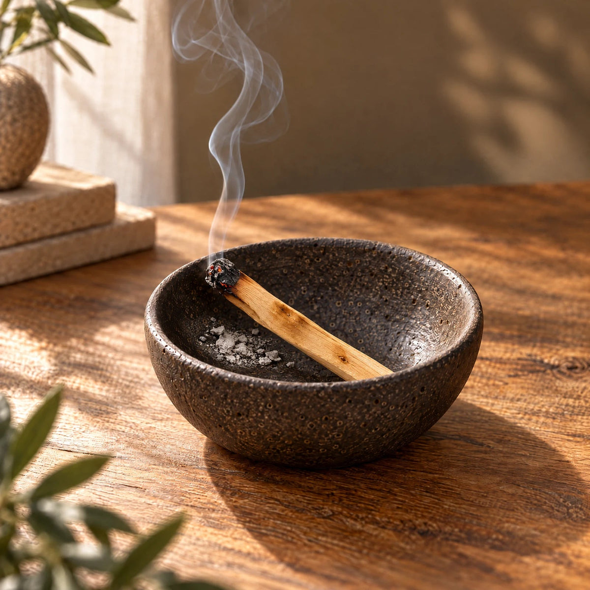 Styled scene of a Palo Santo stick smoldering inside a ceramic bowl, with pale ash beneath its charred tip