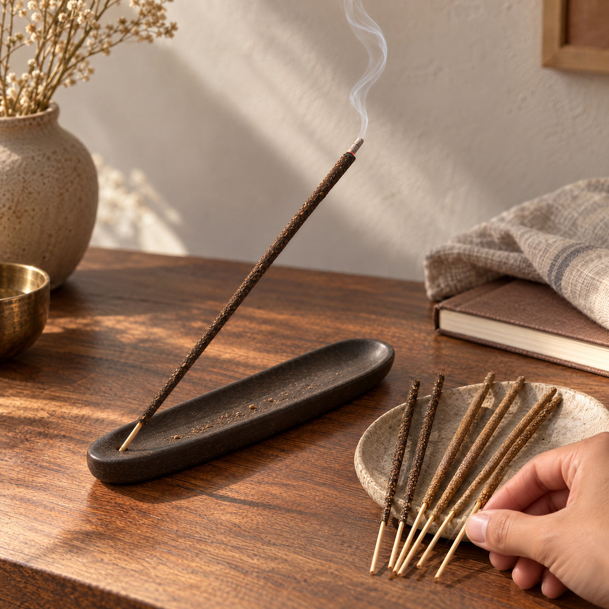 A hand picks up a full-length brown incense stick from a dish beside another stick smoldering in an ash-catching tray.