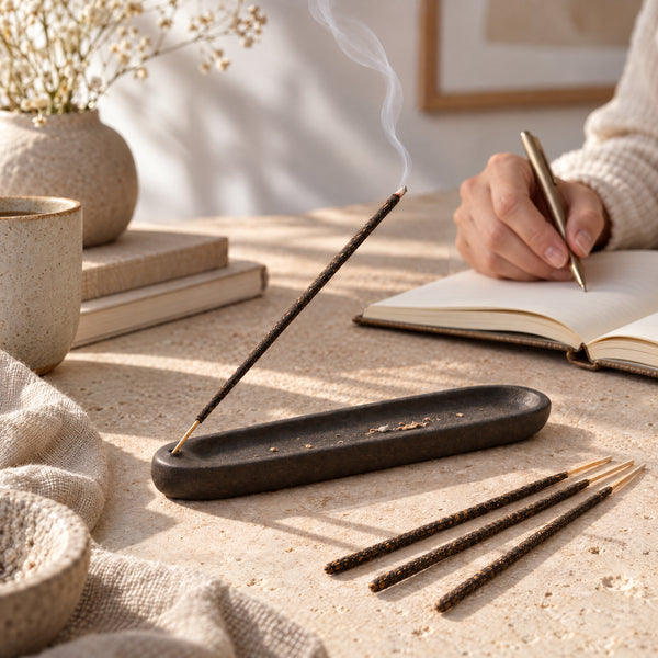 Brown Copal incense smoldering in a ceramic tray beside a journaling notebook.