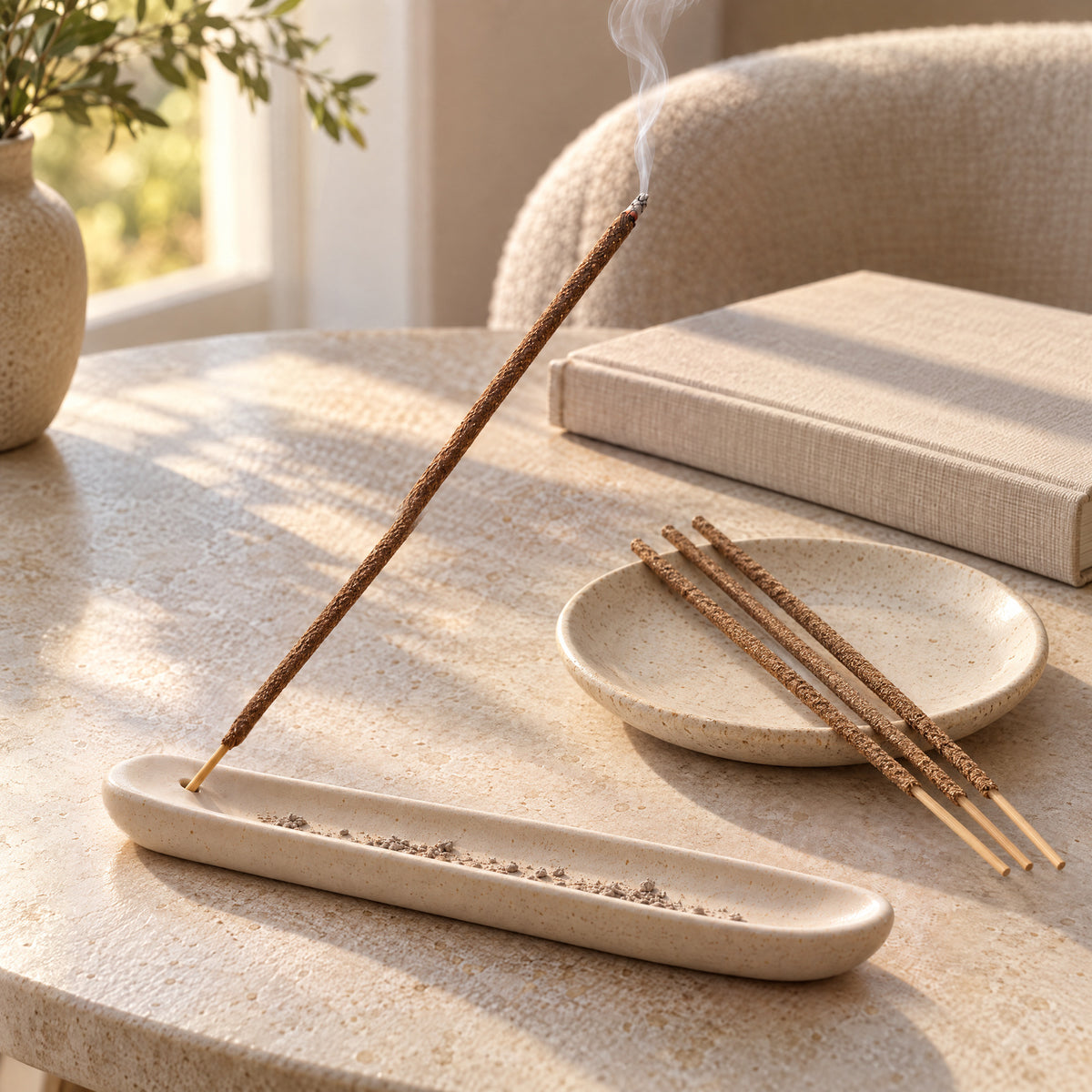 Brown Vanilla incense in a pale ceramic holder beside a blank closed book.