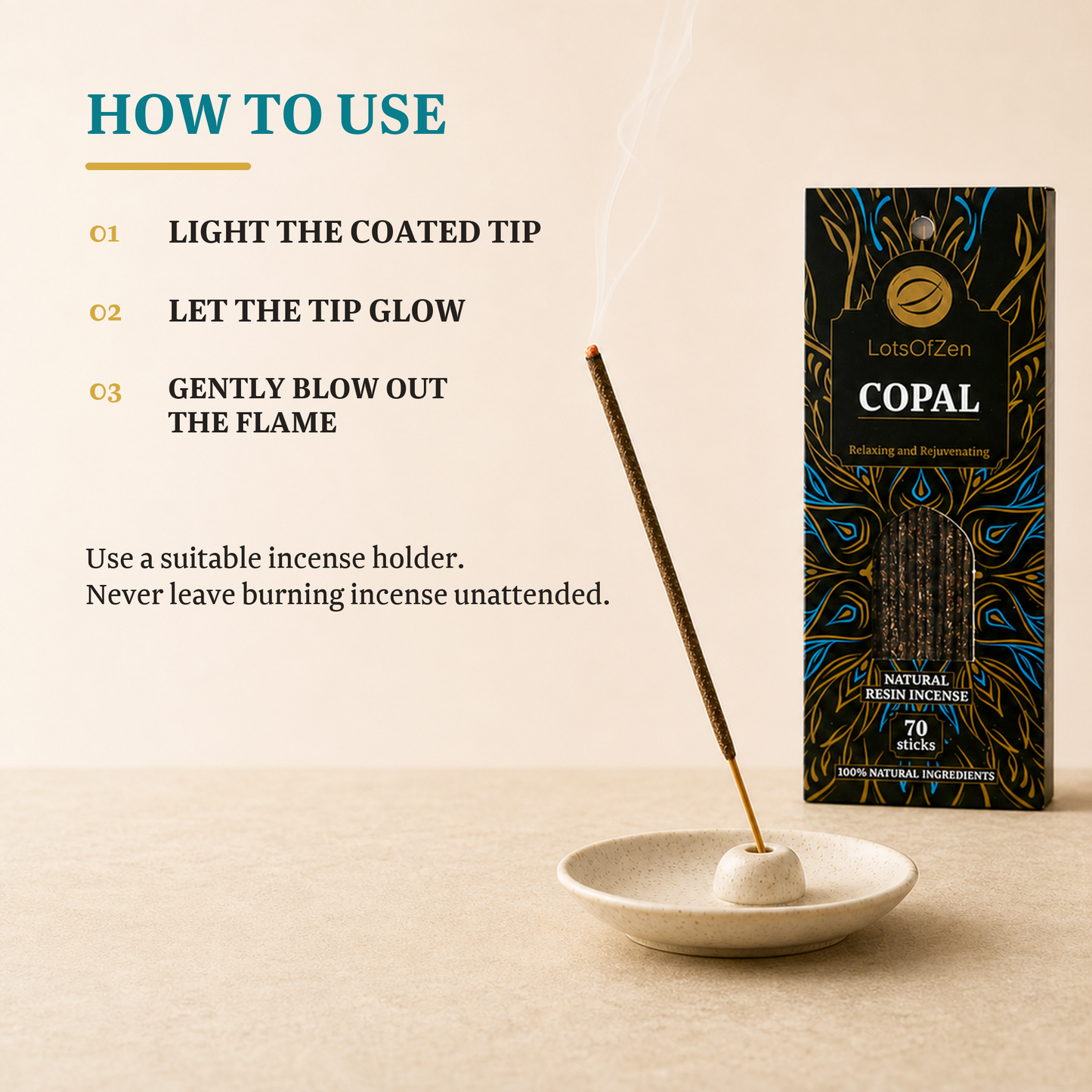 White Copal Incense Sticks (70 Count) - Long Burning, Charcoal-Free